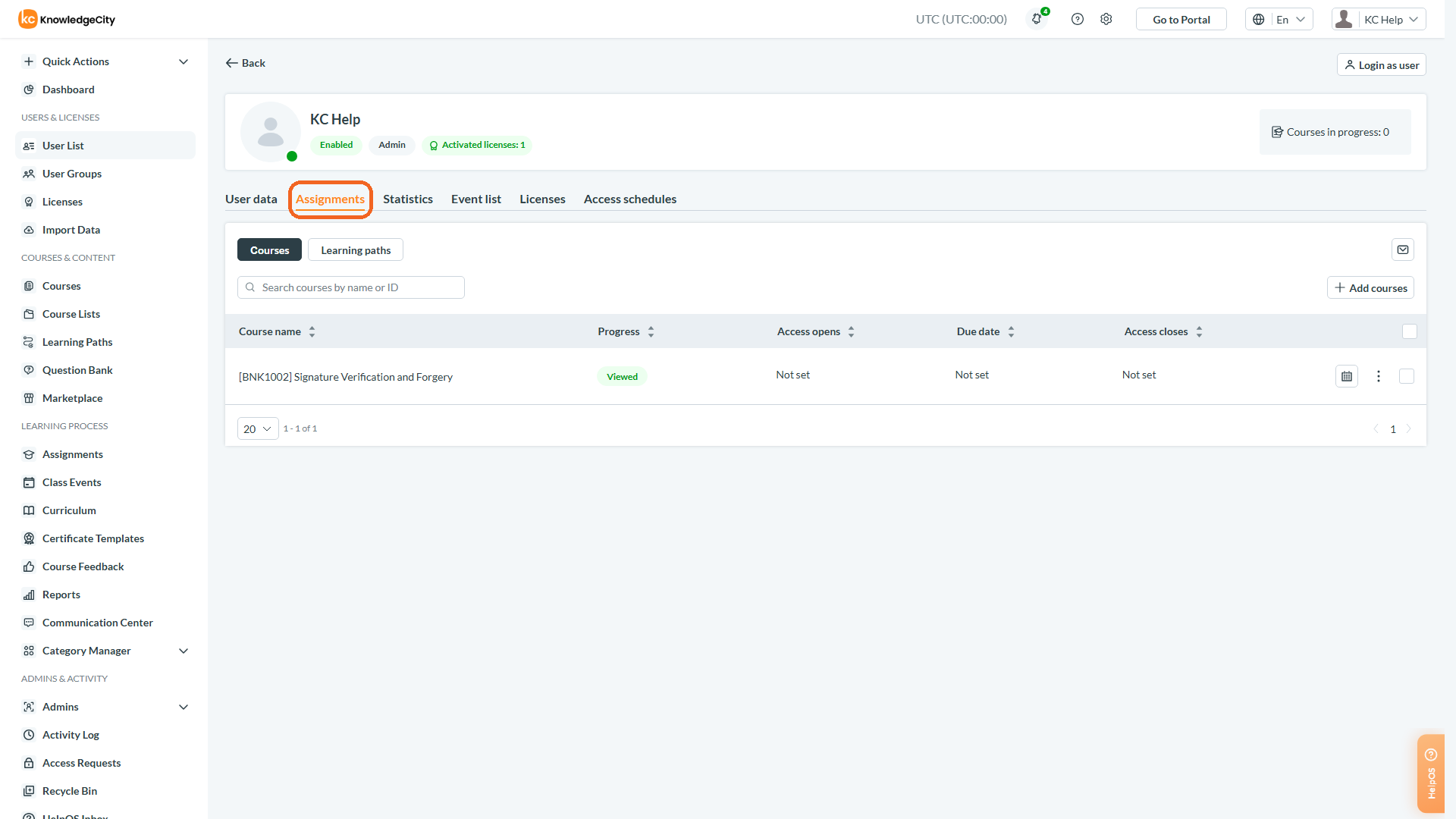 Step 1: Accessing the Courses in User Profile