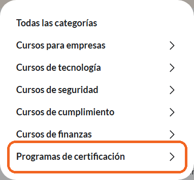 Programas de certificación en el menú Learning library