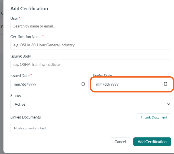 Agrega una certificación y su fecha de vencimiento