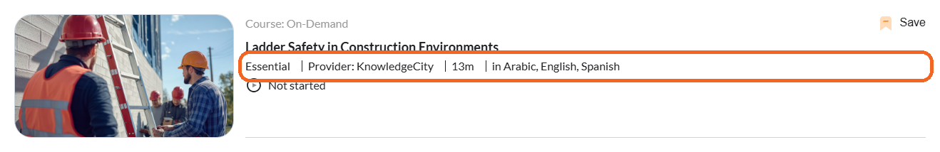 A course tile's detail line ending in the language label