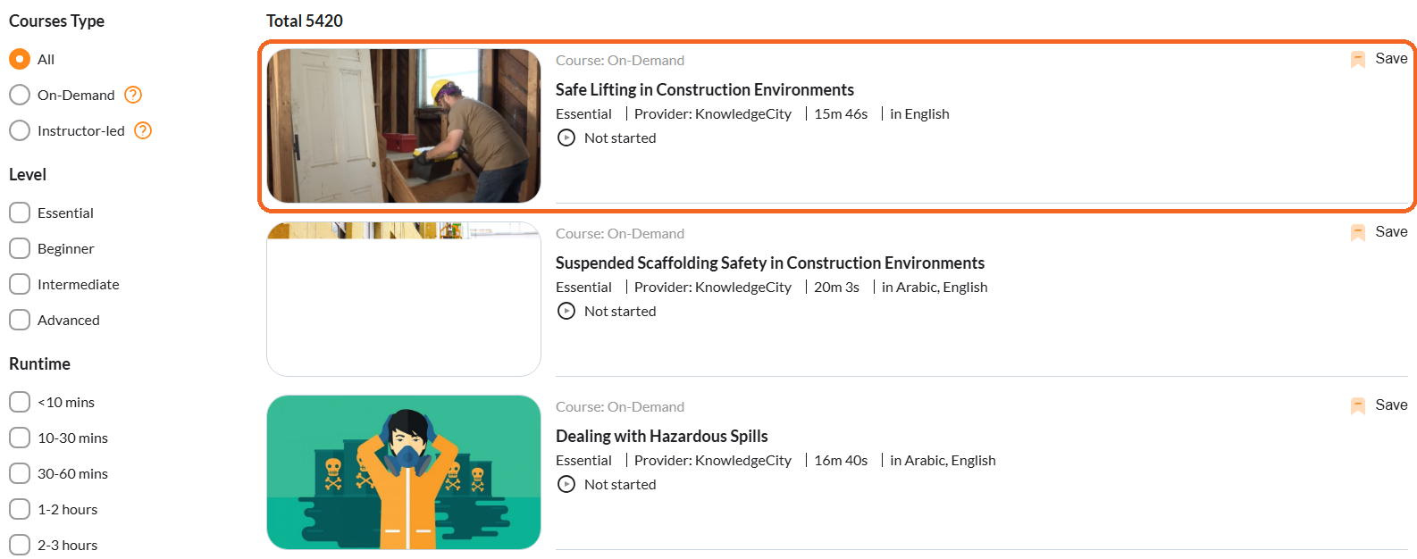 The Learning Library with each course shown as its own tile