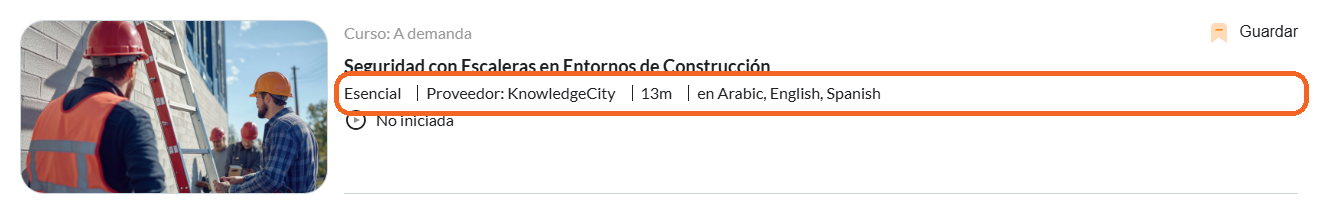 La línea de detalles de una tarjeta de curso que termina con la etiqueta de idioma