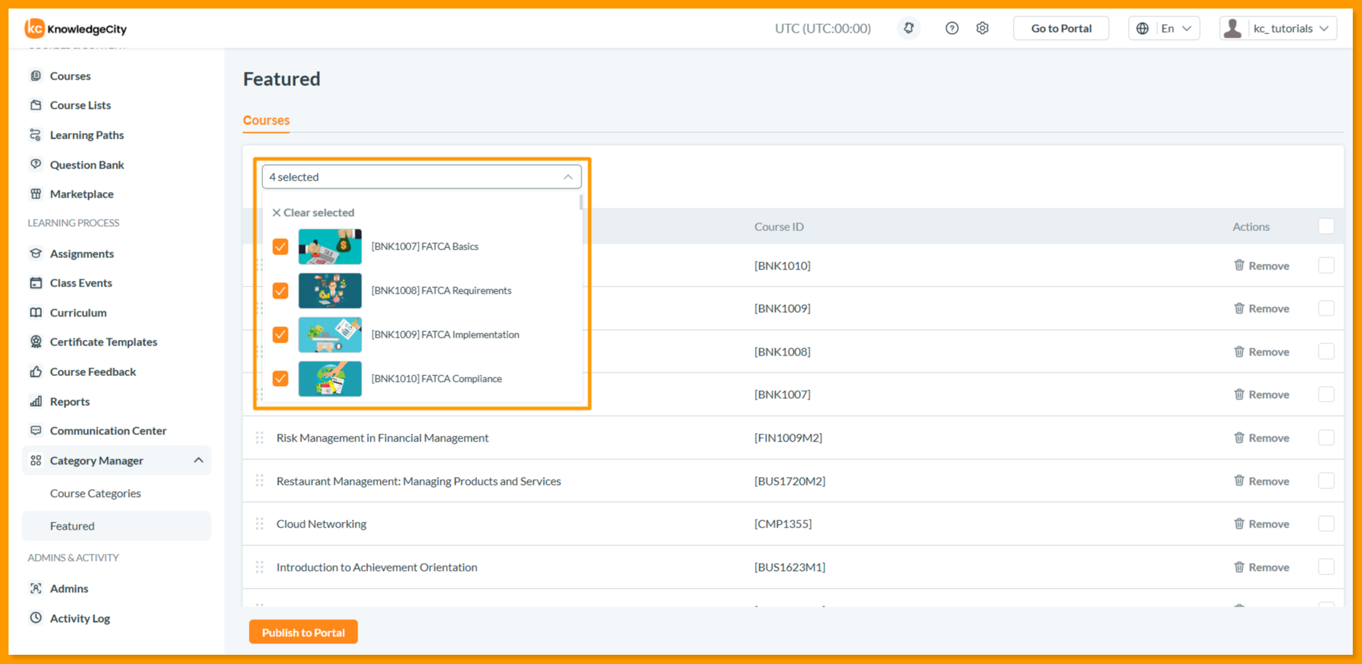 The course selection dropdown expanded with several courses selected