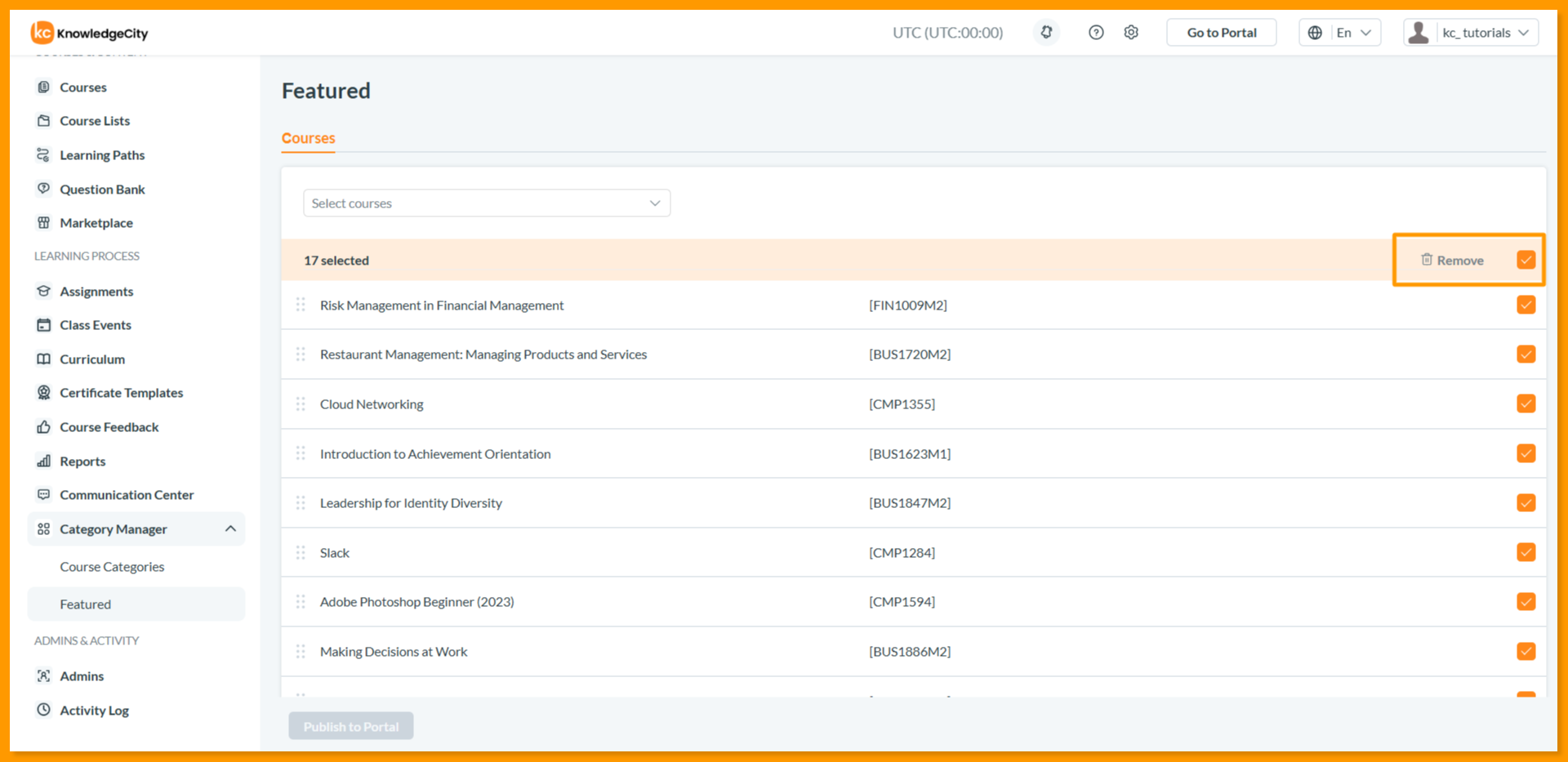 Featured courses selected by checkbox with the bulk Remove button