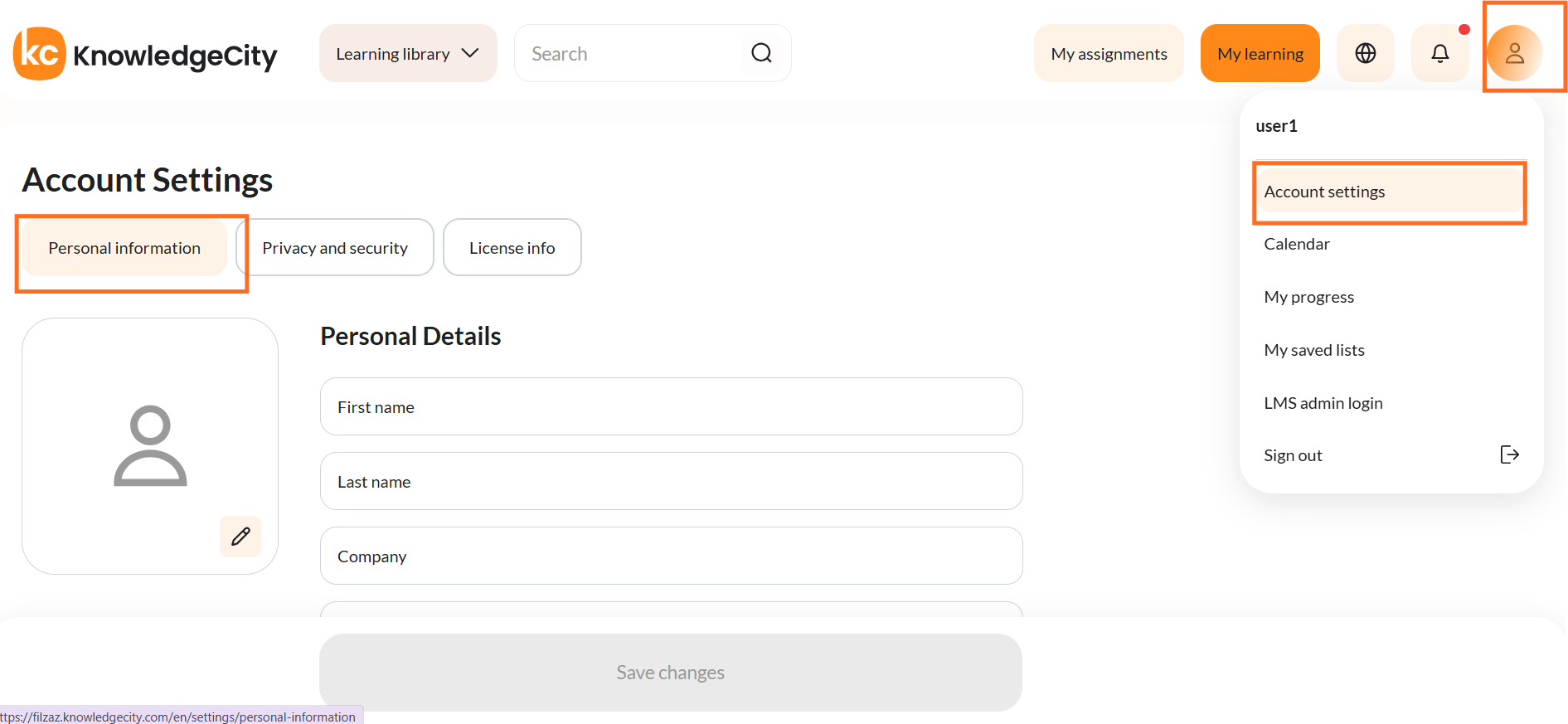 The Account settings item in the profile dropdown menu