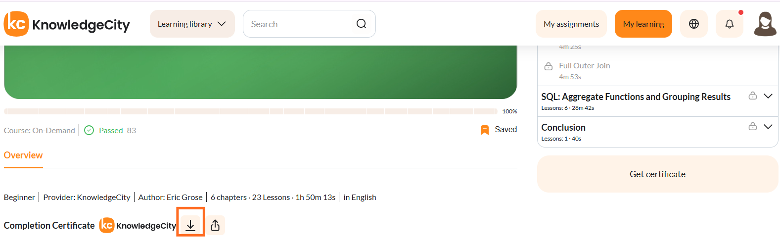 The share button beside the completion certificate