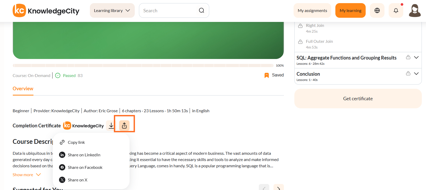 The certificate share menu