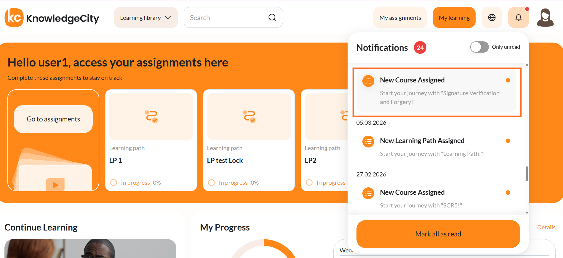 The notification panel listing New Course Assigned entries