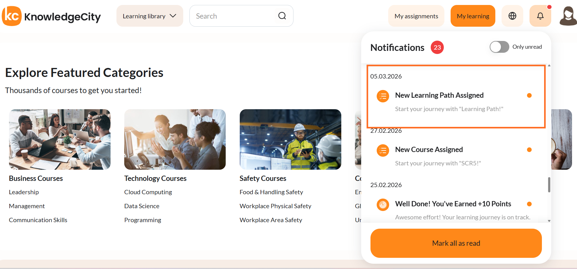 The notification panel listing New Learning Path Assigned entries