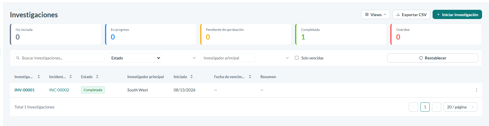 Vigila tu carga de casos desde la lista de investigaciones