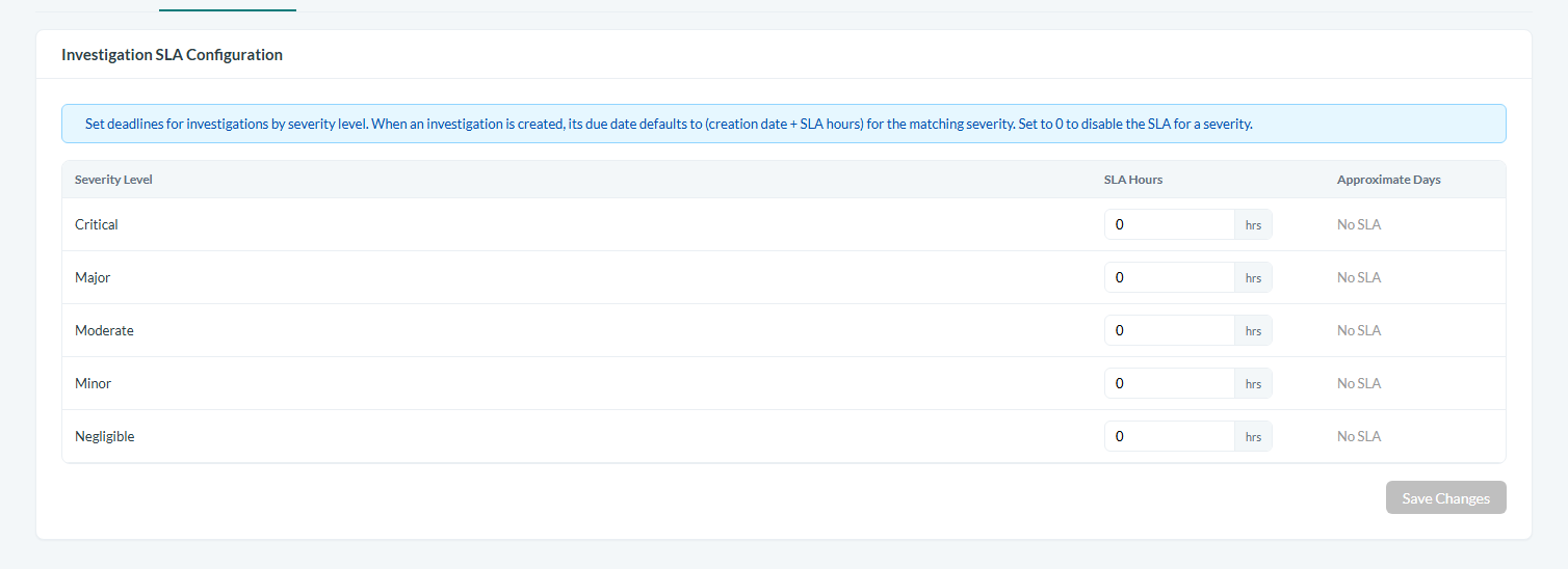 Opening the Investigation SLAs settings