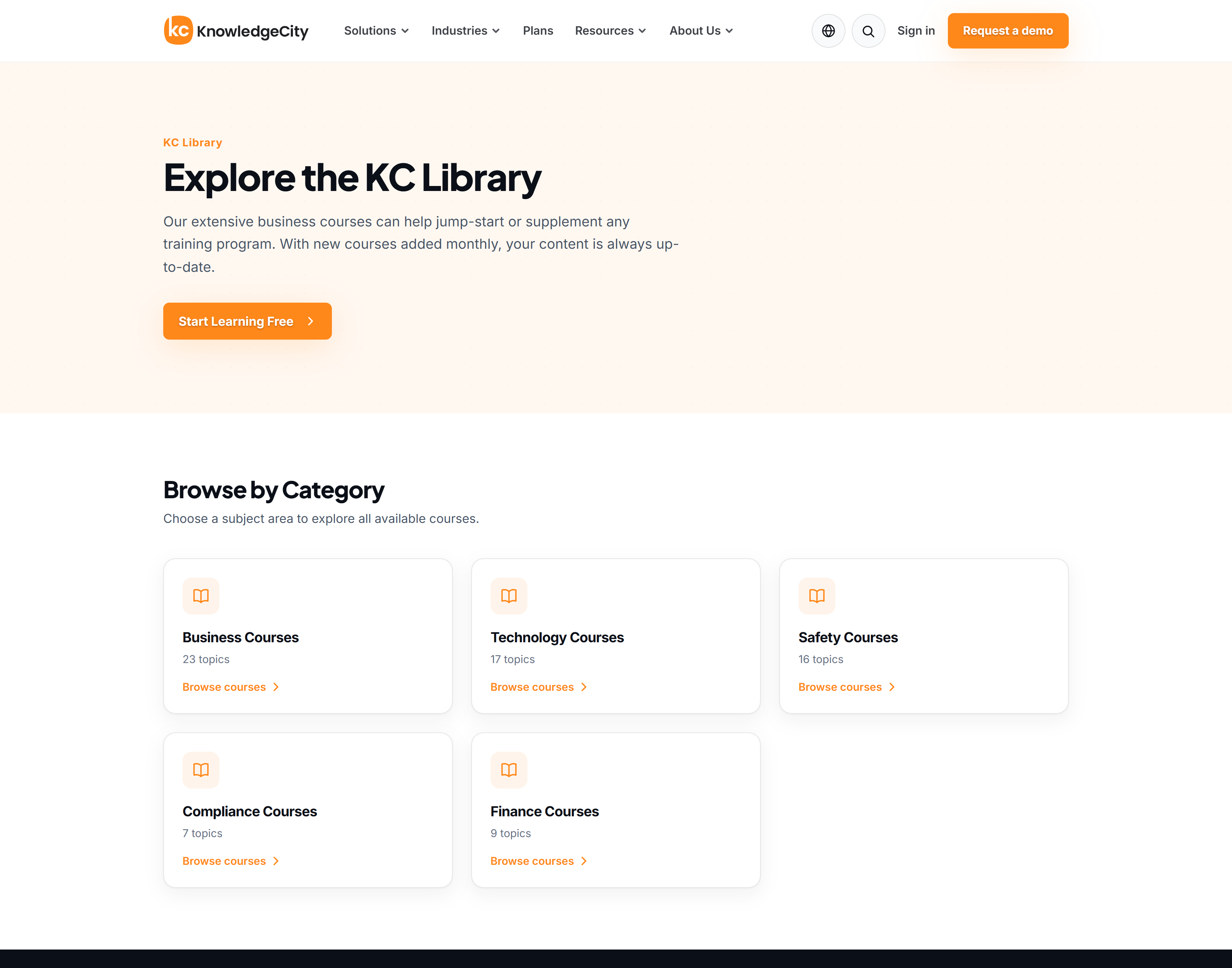 The public learning library landing page with its five categories