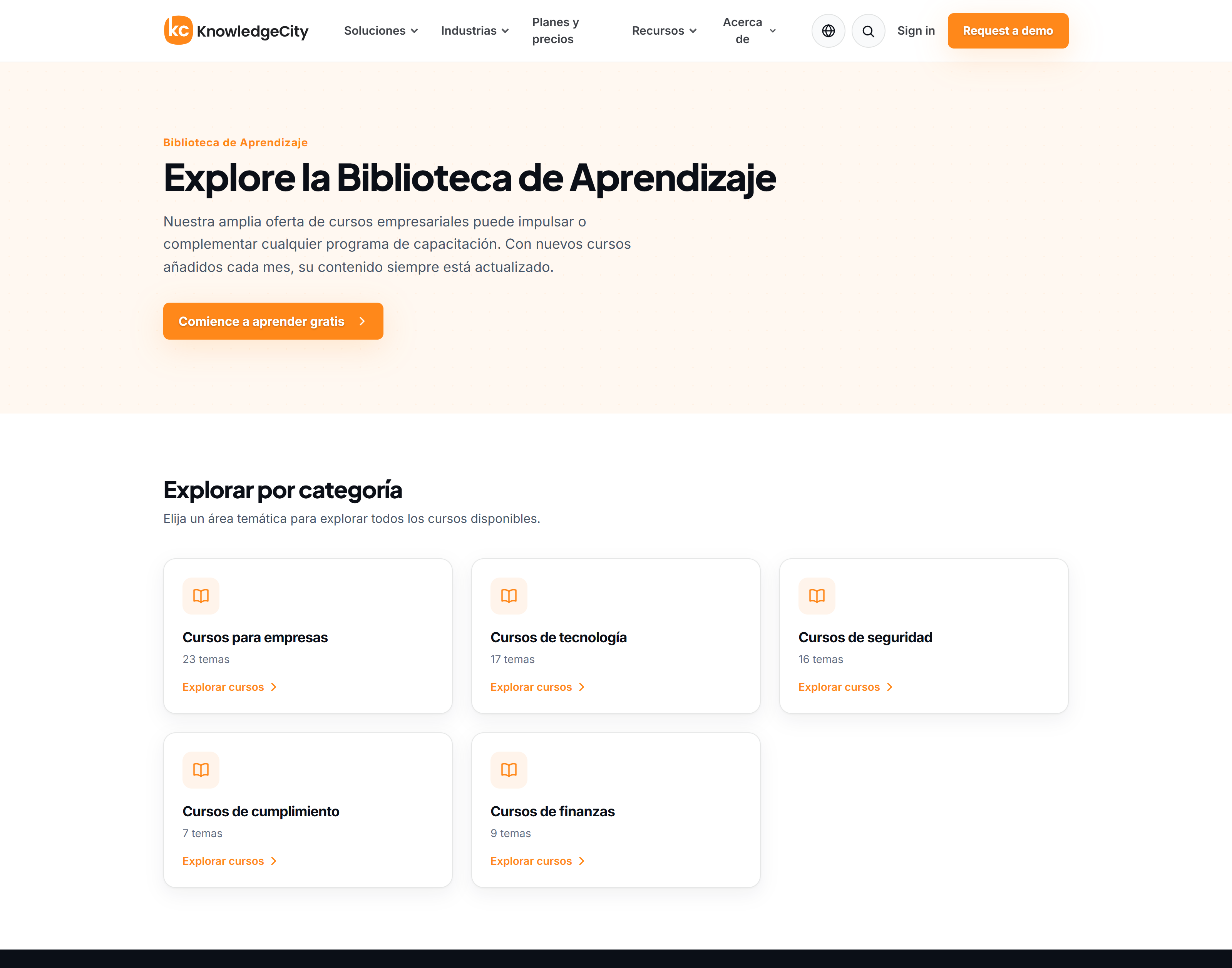 La página principal de la biblioteca de aprendizaje pública con sus cinco categorías
