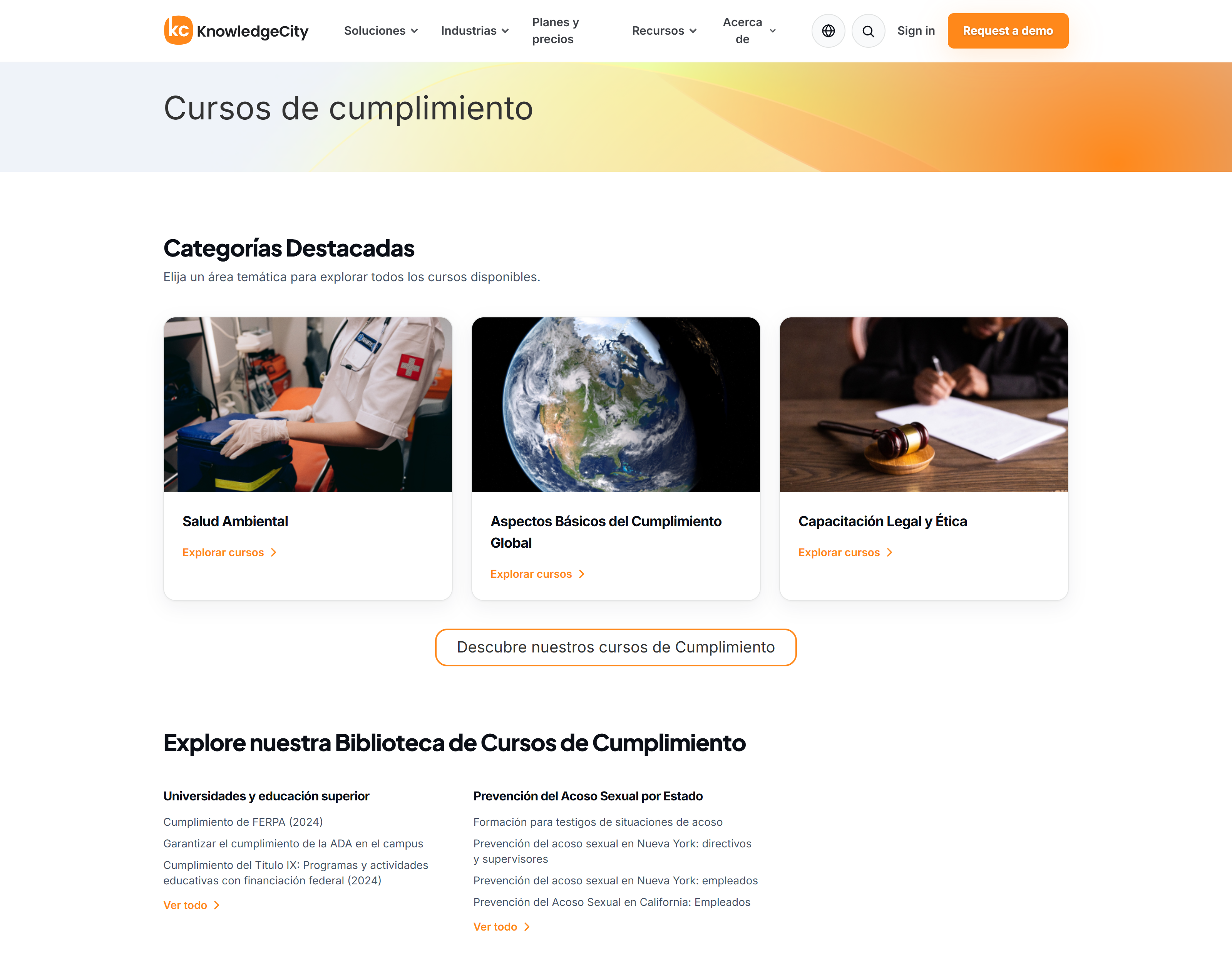 La página de la categoría Cursos de cumplimiento