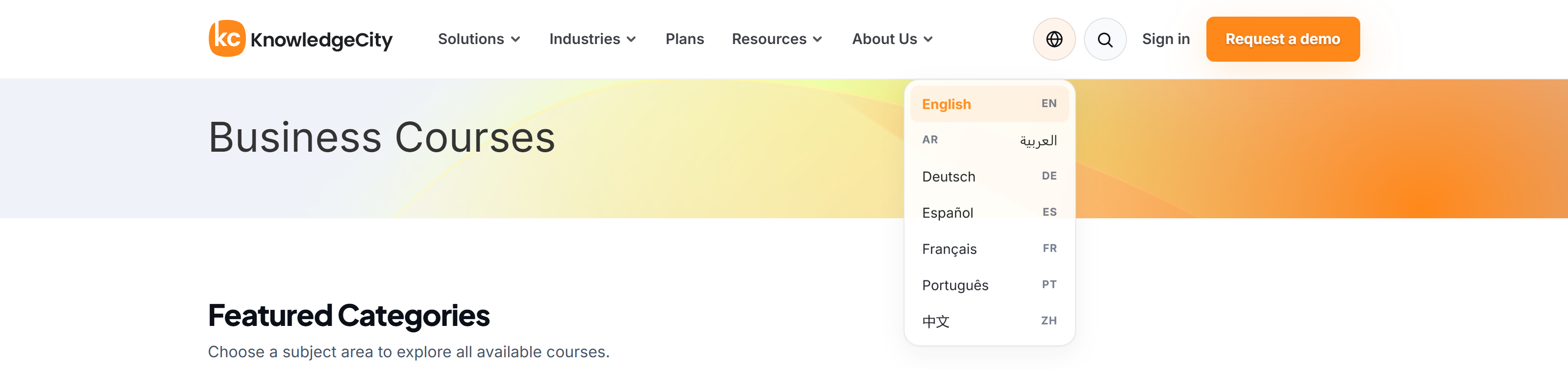 The globe language switcher open on a category page
