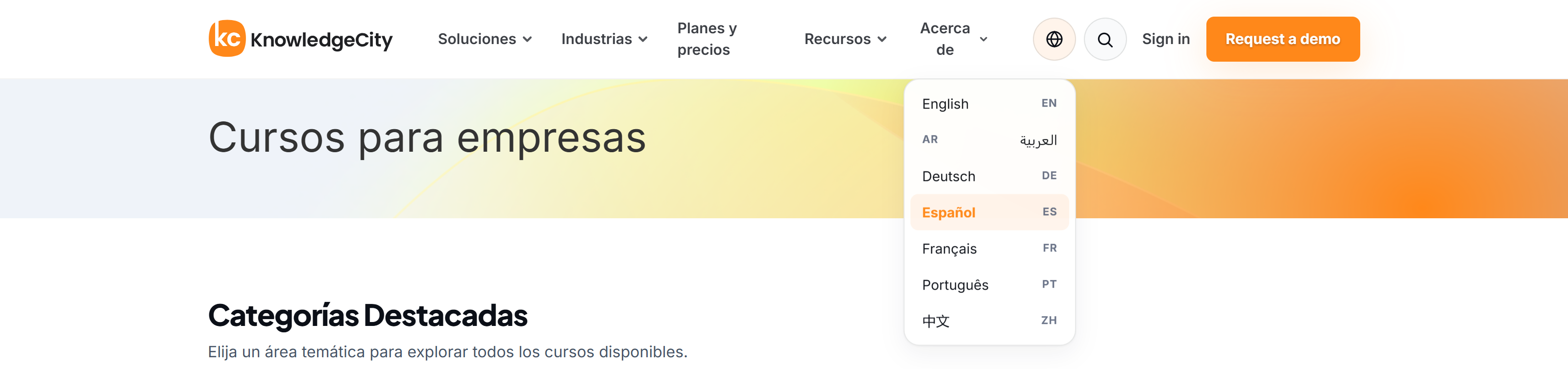 El selector de idioma con forma de globo abierto en una página de categoría