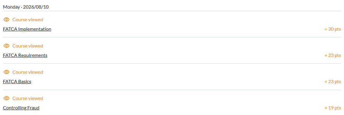 A day's activity group in the list: each course viewed, with the points it earned.