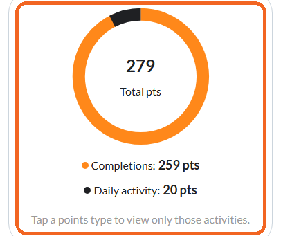The points card: the total points circle with completions and daily activity listed beneath it.