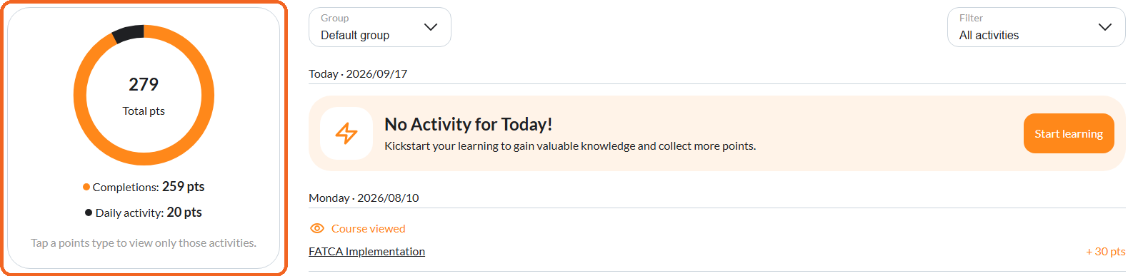 The My points tab: the total points circle broken down into completions and daily activity, beside the activity list.