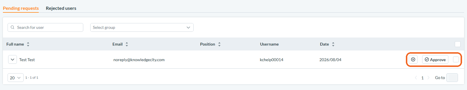 Pending requests tab with its columns and the Approve and Reject controls