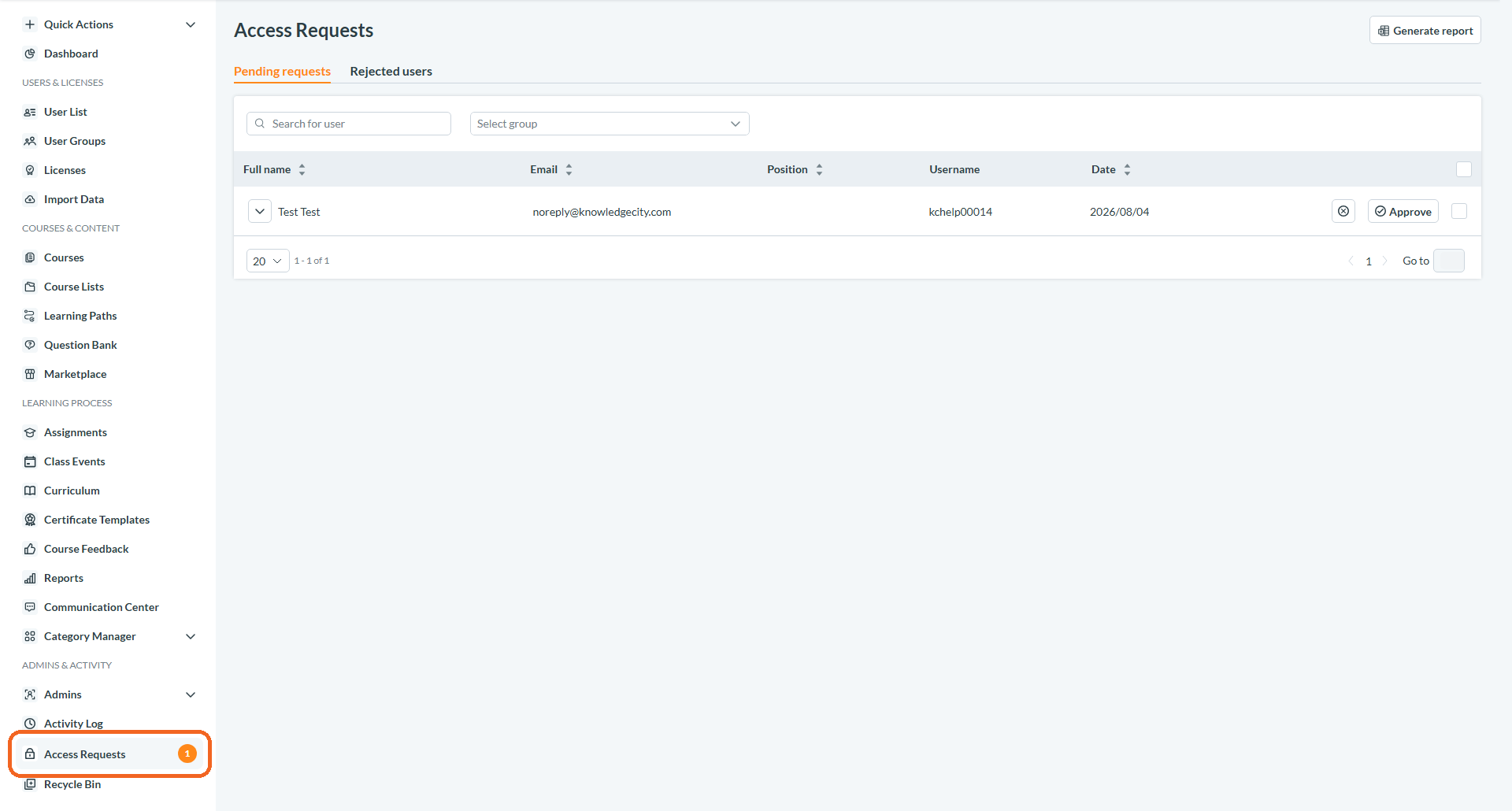 Access Requests in the left panel, with a badge showing pending requests