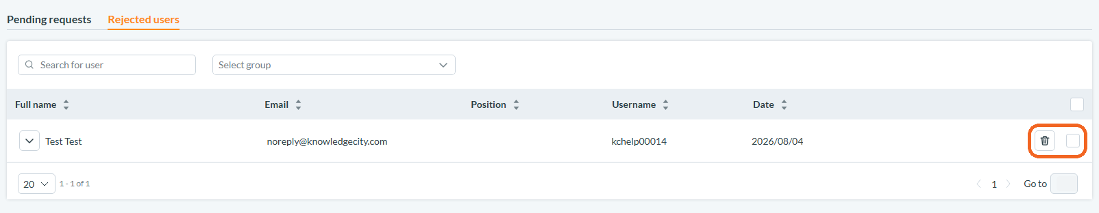 Rejected users tab showing a rejected request and the Remove control
