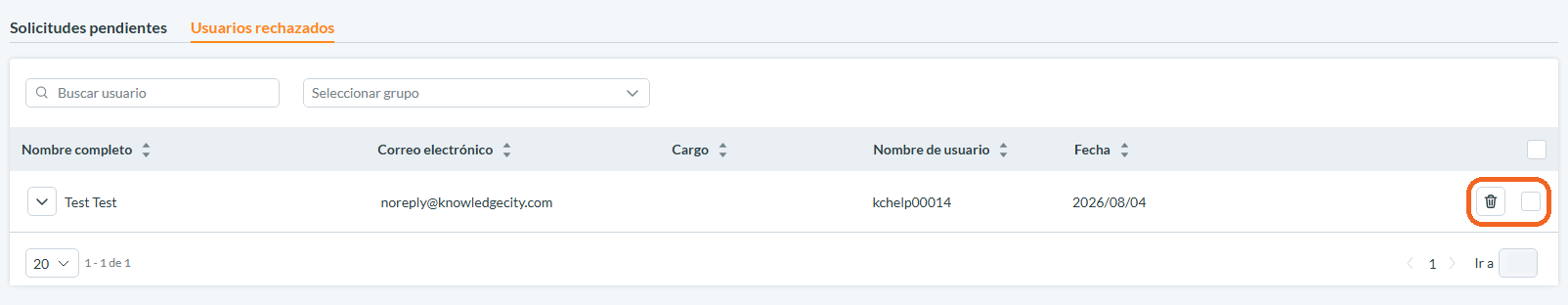 Pestaña Rejected users con una solicitud rechazada y el control Remove