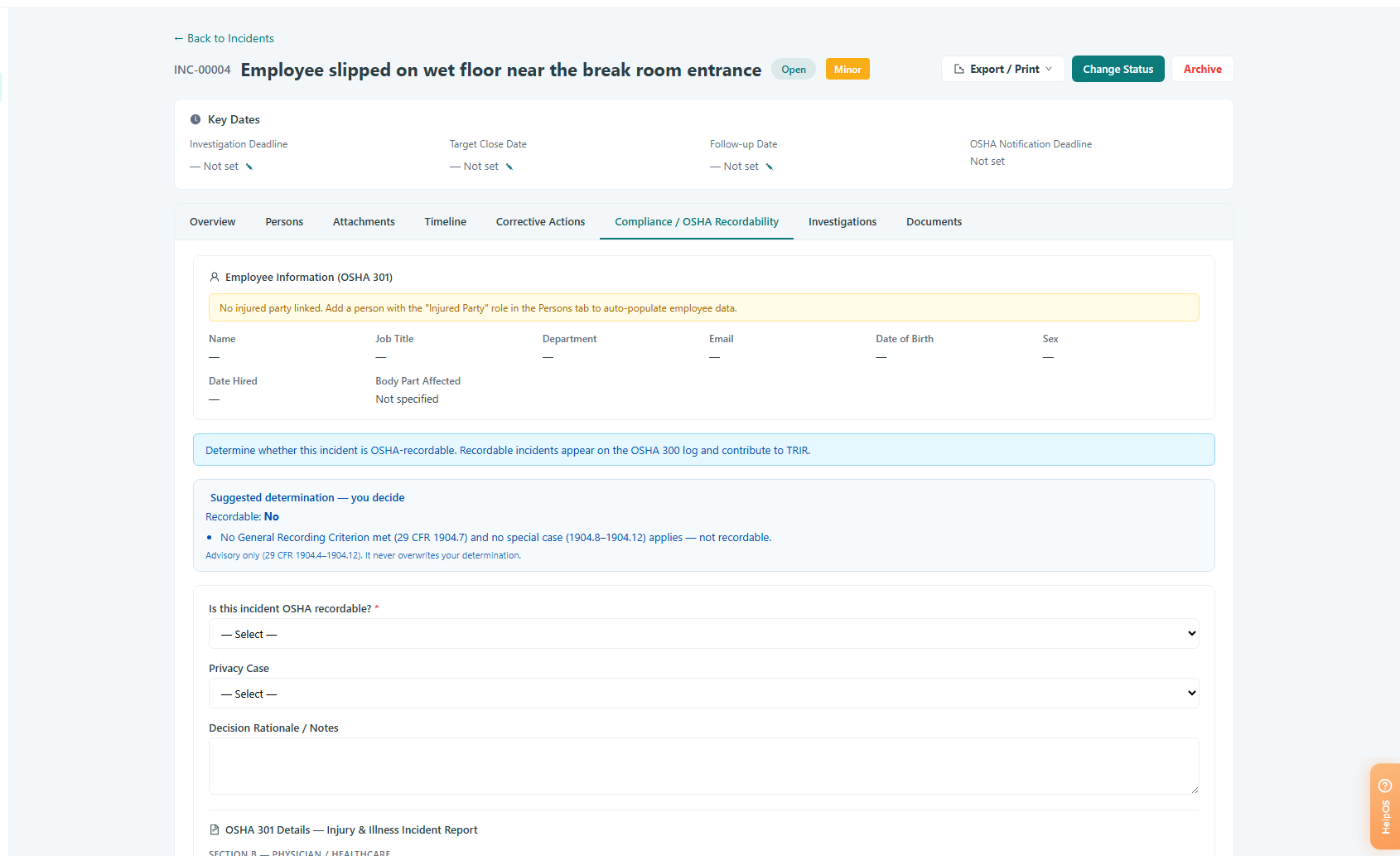 Open the incident's Compliance tab