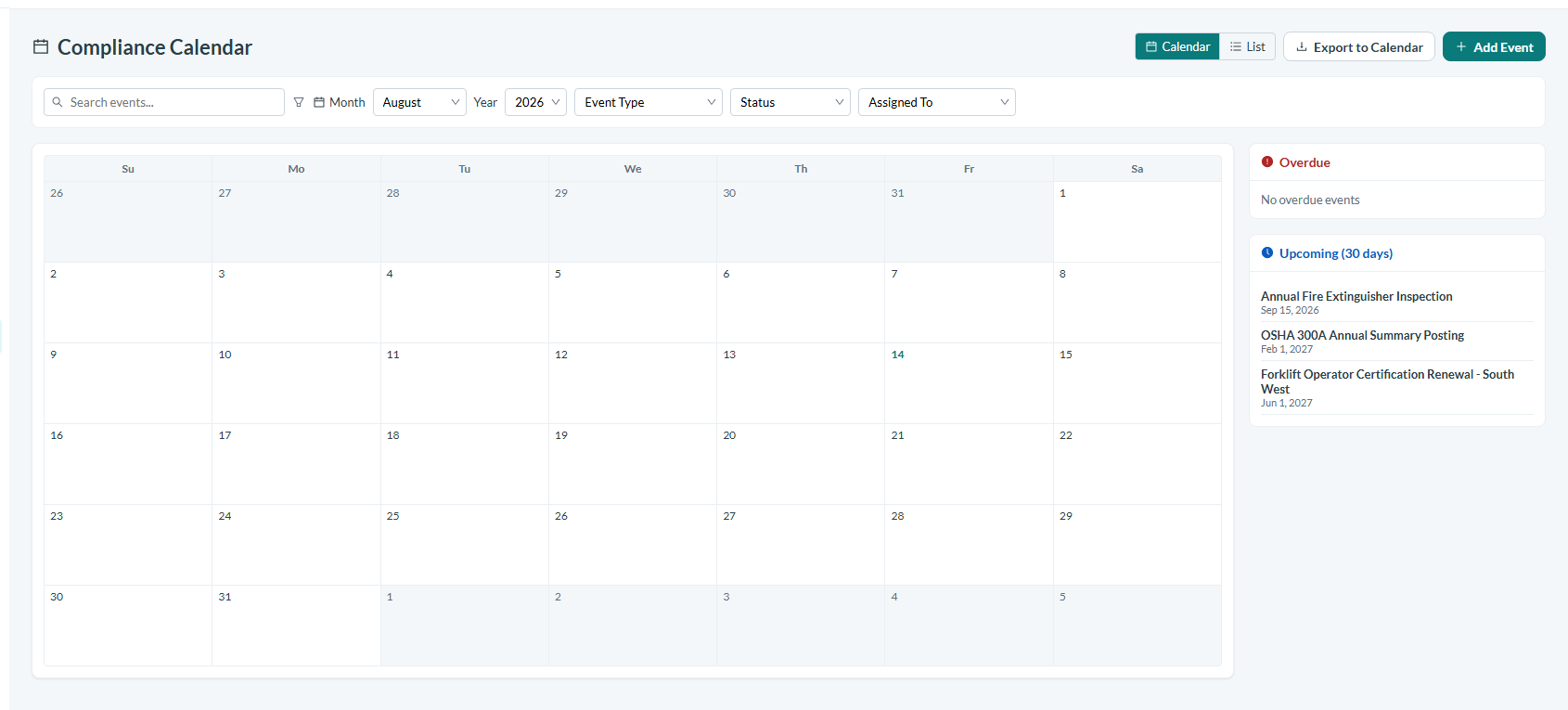 Find the notification window on the Compliance Calendar