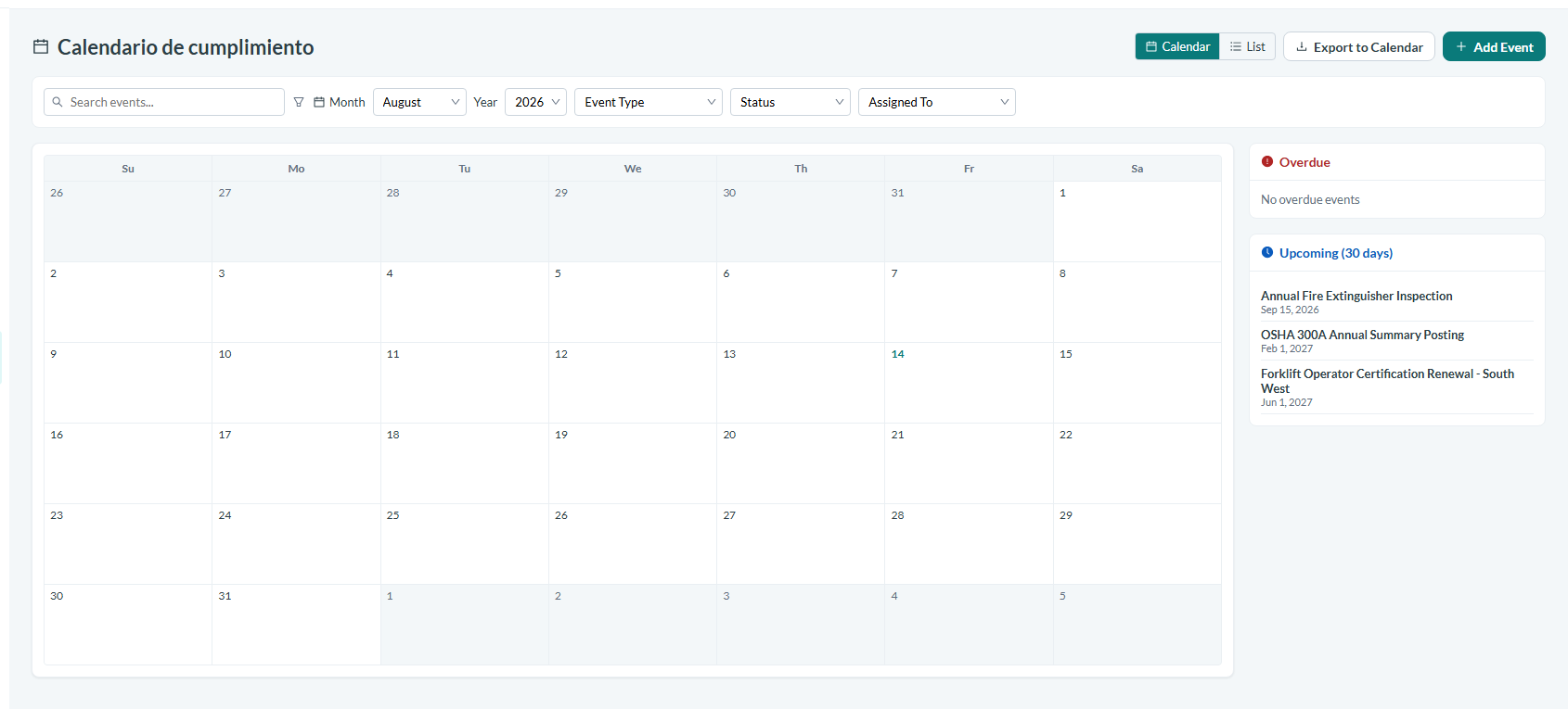 Encuentra la ventana de notificación en el Calendario de Cumplimiento