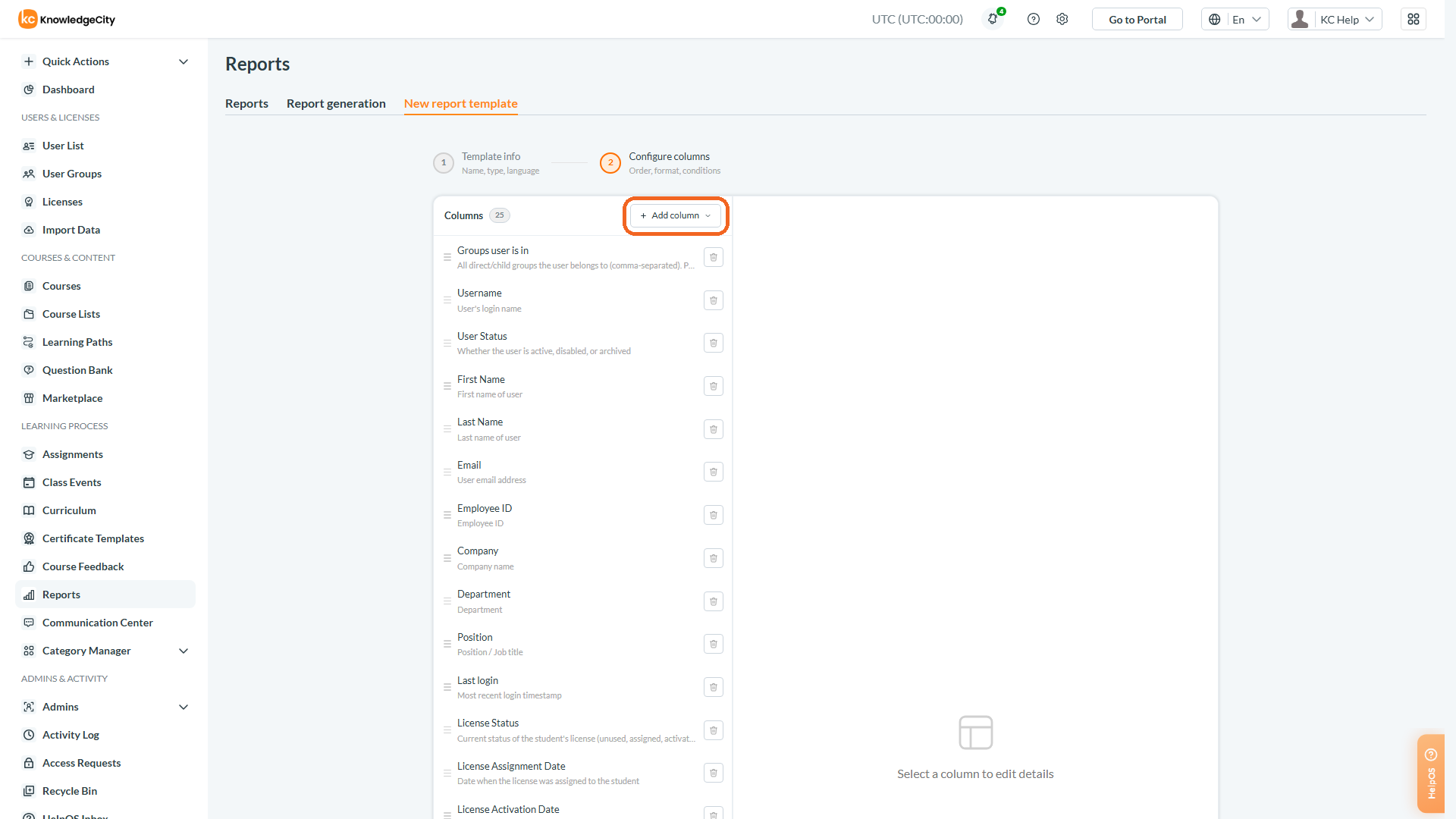Selecting Fields in a Custom Report Template