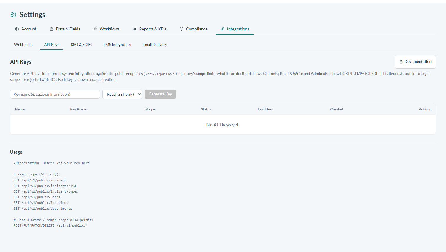 Opening the API Keys settings