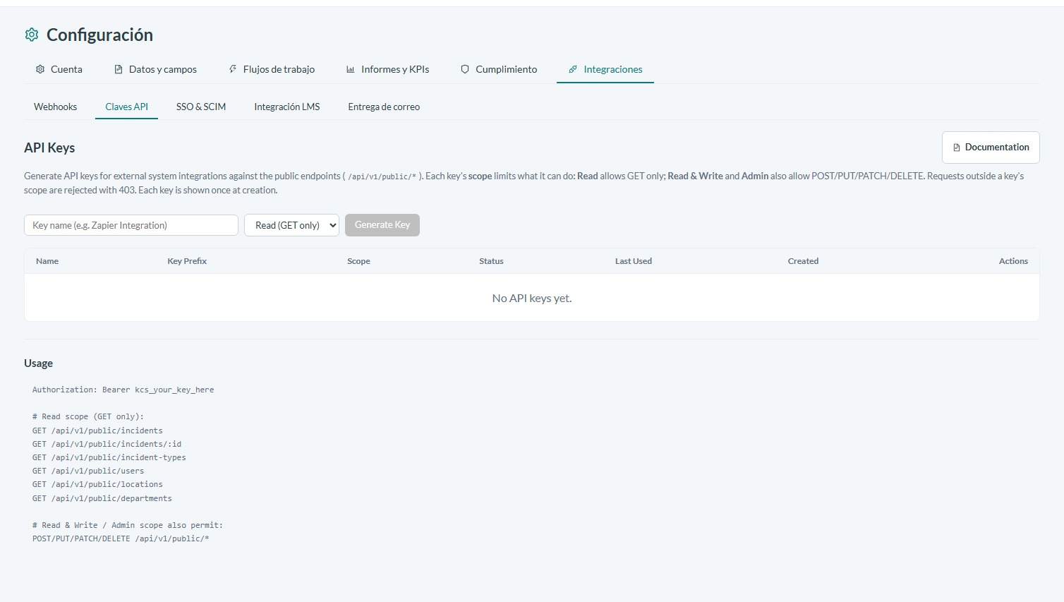 Abre la configuración de claves de API