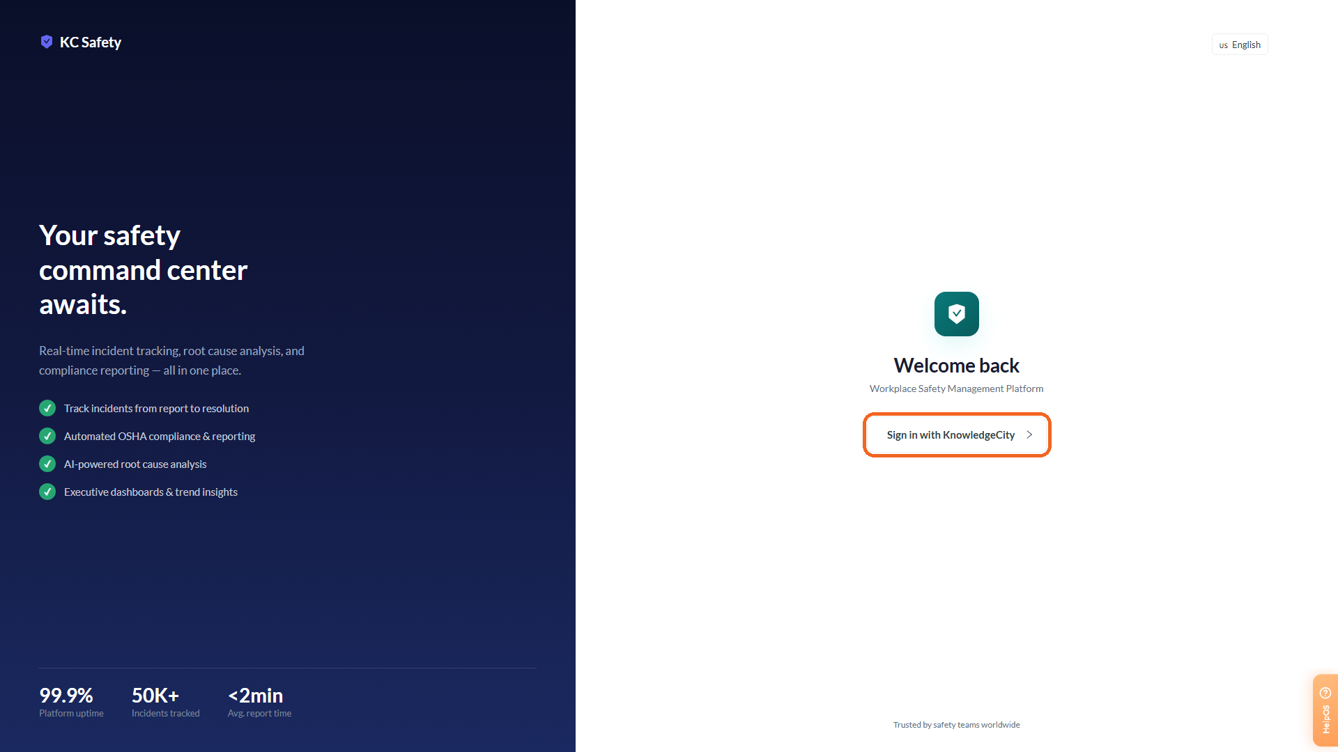 The Safety App sign-in page with a single Sign in with KnowledgeCity button
