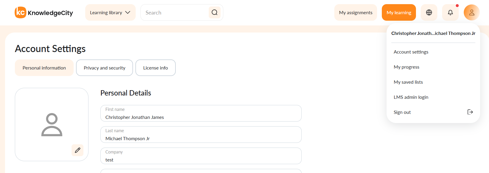 Account Settings, Personal Information tab