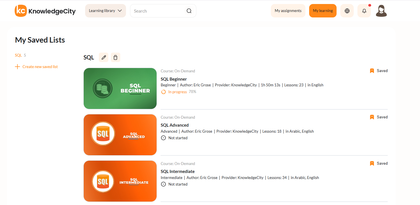 The My Saved Lists page