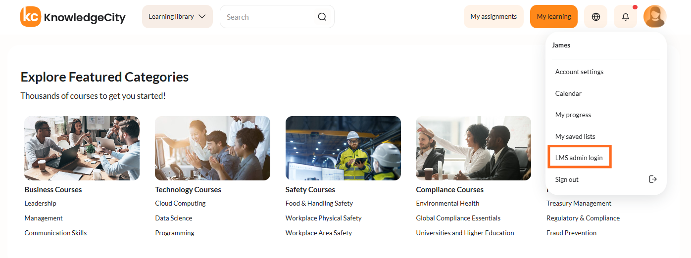 The account dropdown menu with LMS admin login